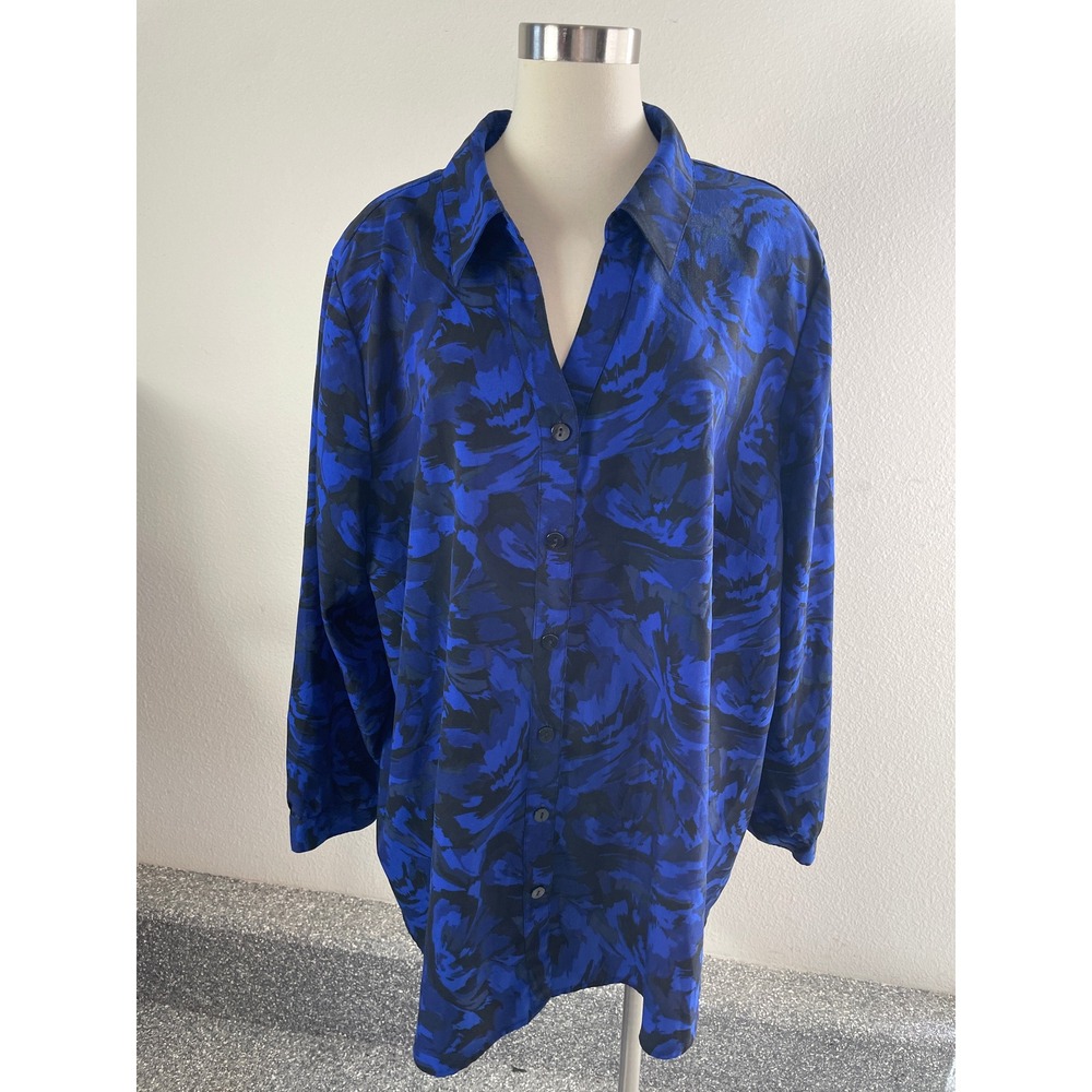 Maggie Barnes for Catherines Blouse Womens Plus 3X 26/28W Blue Black Long Sleeve